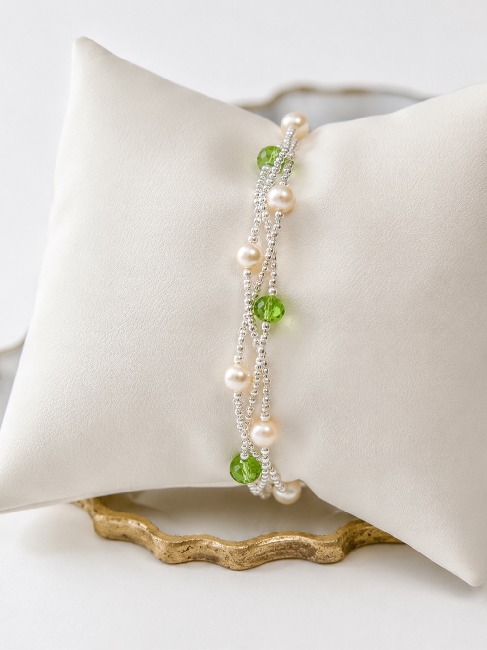 Silver Braided Multi Strand Pearl Green Crystal Bracelet with Clasp NWOT